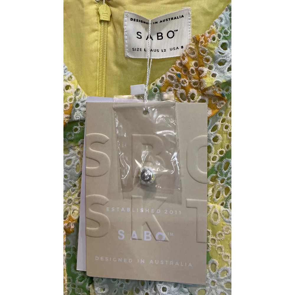 NWT Sabo Skirt Floral Eyelet Mini Dress Lined Yellow Green Cotton Peplum 8 - Picture 6 of 7